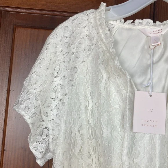 LC Lauren Conrad NWT Fit And Flare Double Ruffle Sleeve White Lace Dress | Sz L - Picture 7 of 7